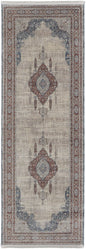 10' Gray Red And Blue Floral Runner Rug With Fringe