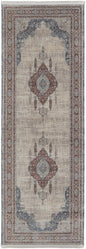 10' Gray Red And Blue Floral Runner Rug With Fringe