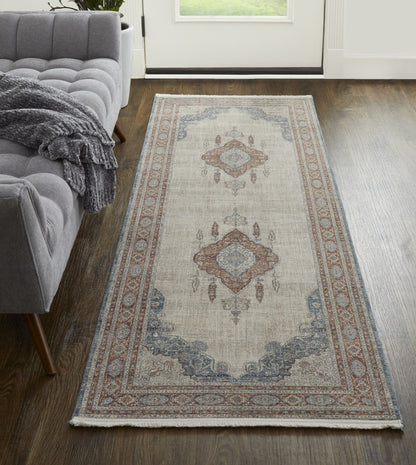 10' Gray Red And Blue Floral Runner Rug With Fringe