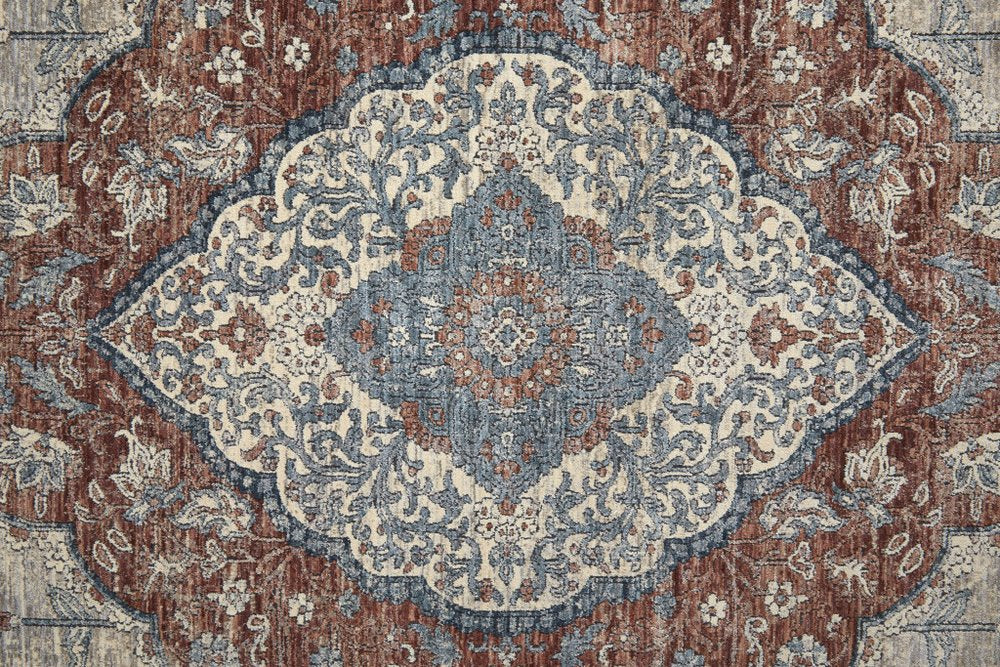 10' Gray Red And Blue Floral Runner Rug With Fringe