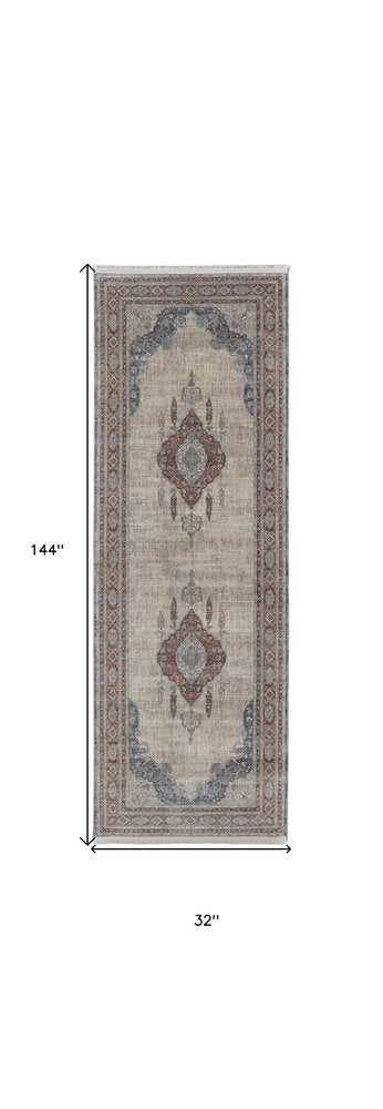 10' Gray Red And Blue Floral Runner Rug With Fringe