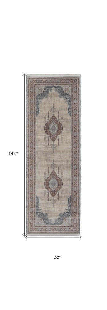 10' Gray Red And Blue Floral Runner Rug With Fringe