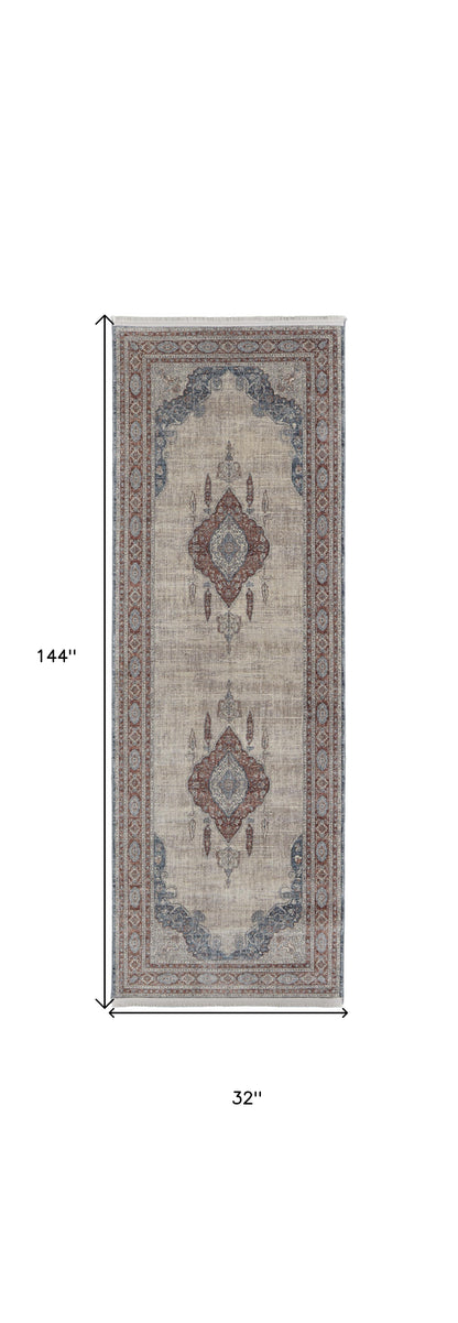 10' Gray Red And Blue Floral Runner Rug With Fringe
