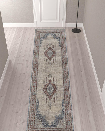 10' Gray Red And Blue Floral Runner Rug With Fringe