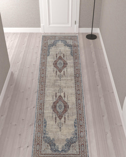 10' Gray Red And Blue Floral Runner Rug With Fringe