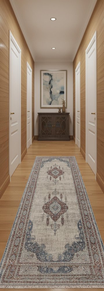 10' Gray Red And Blue Floral Runner Rug With Fringe