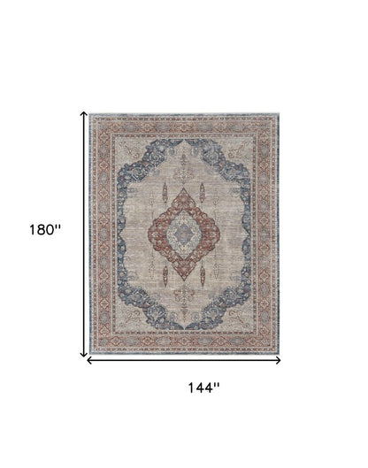 10' Gray Red And Blue Floral Runner Rug With Fringe