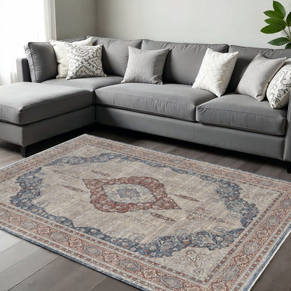 10' Gray Red And Blue Floral Runner Rug With Fringe