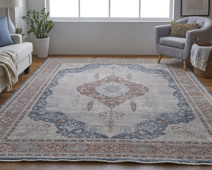10' Gray Red And Blue Floral Runner Rug With Fringe