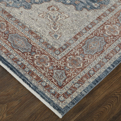 10' Gray Red And Blue Floral Runner Rug With Fringe