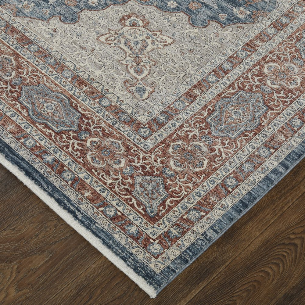 10' Gray Red And Blue Floral Runner Rug With Fringe
