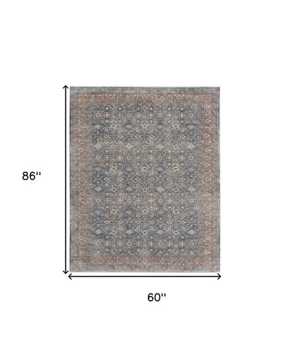 5' X 7' Blue Beige And Red Floral Area Rug