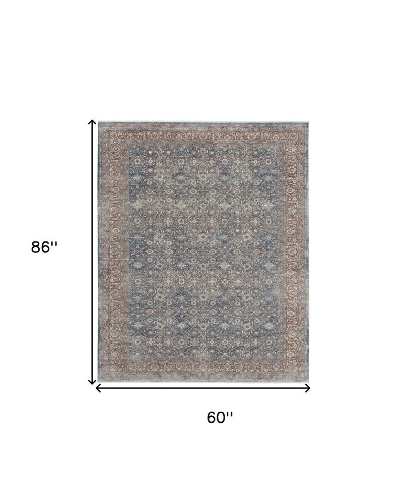 5' X 7' Blue Beige And Red Floral Area Rug