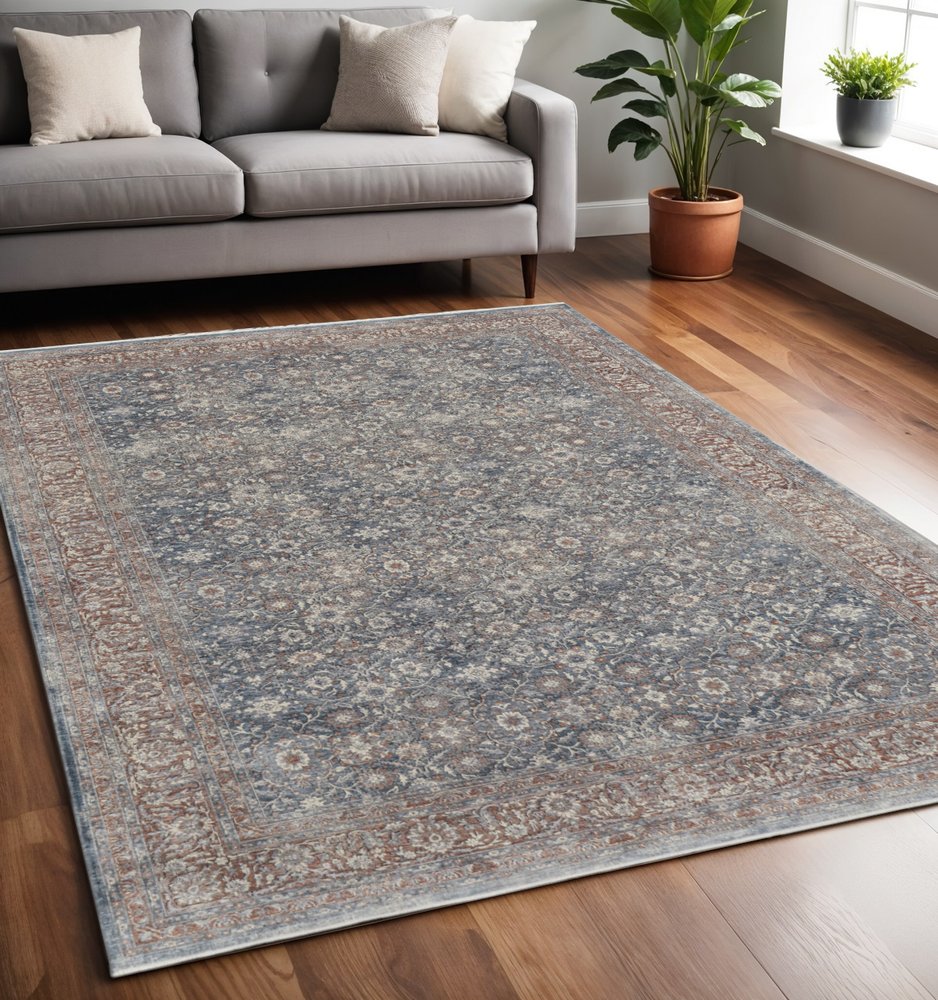 5' X 7' Blue Beige And Red Floral Area Rug