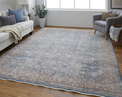 7' X 10' Blue Beige And Red Floral Area Rug