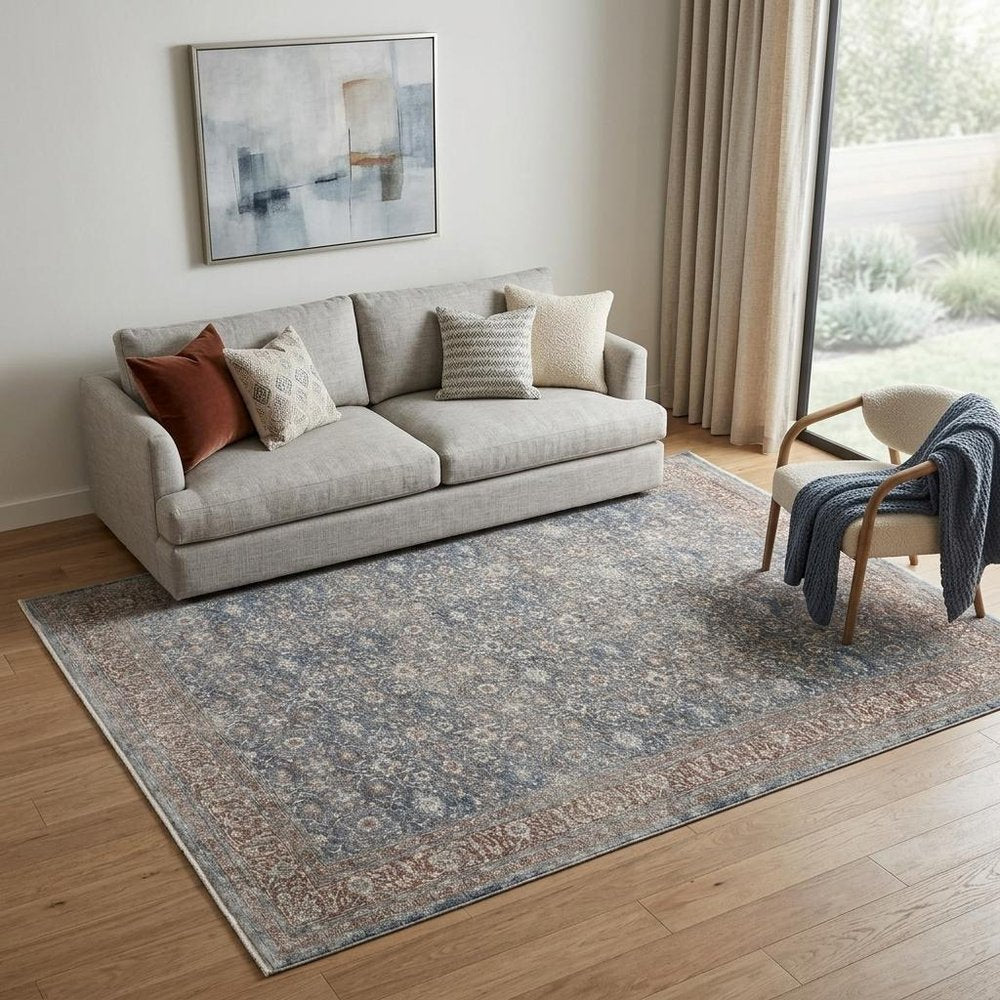 4' X 6' Blue Beige And Red Floral Area Rug