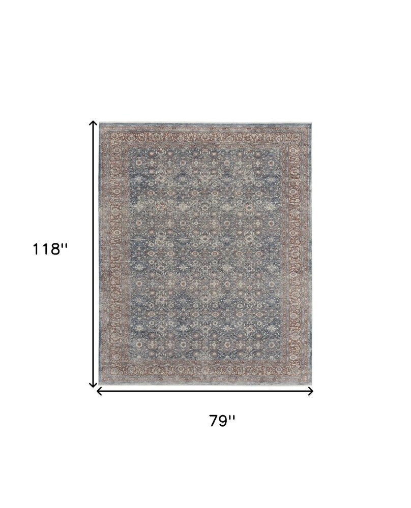 5' X 7' Blue Beige And Red Floral Area Rug