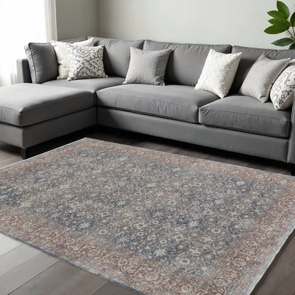 7' X 10' Blue Beige And Red Floral Area Rug