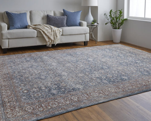 7' X 10' Blue Beige And Red Floral Area Rug