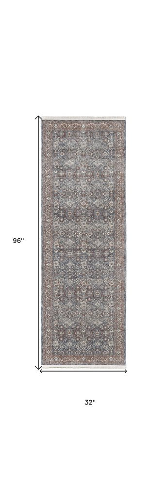 7' X 10' Blue Beige And Red Floral Area Rug