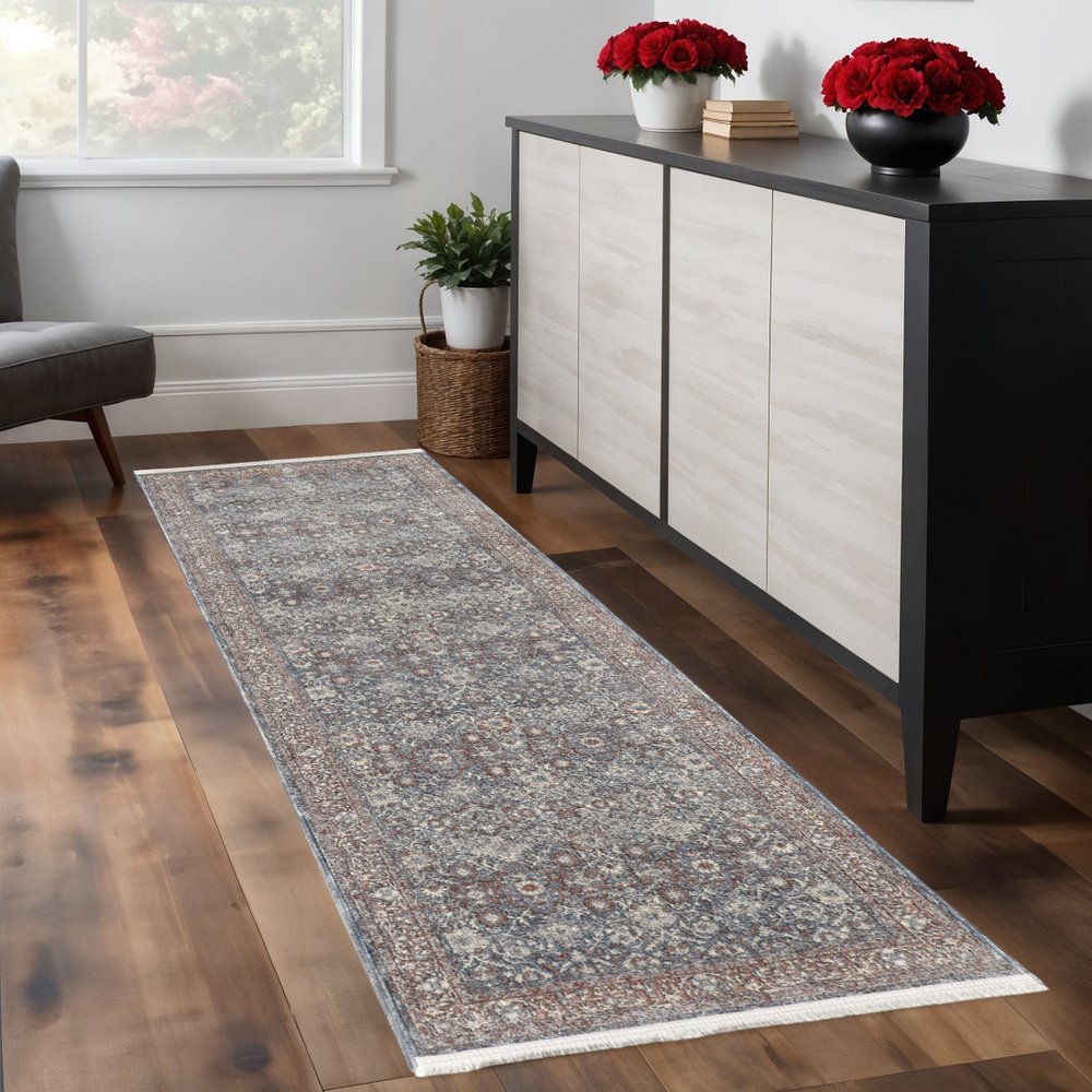 5' X 7' Blue Beige And Red Floral Area Rug