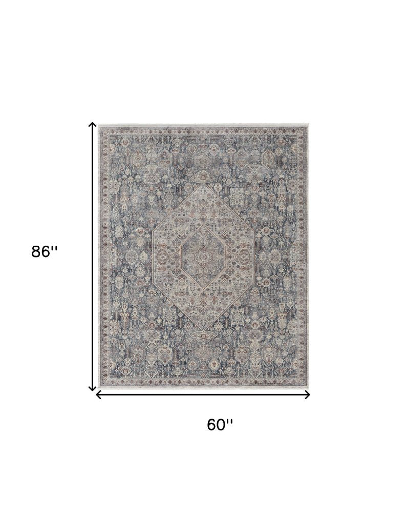 10' Blue and Ivory Floral Power Loom Runner Rug With Fringe