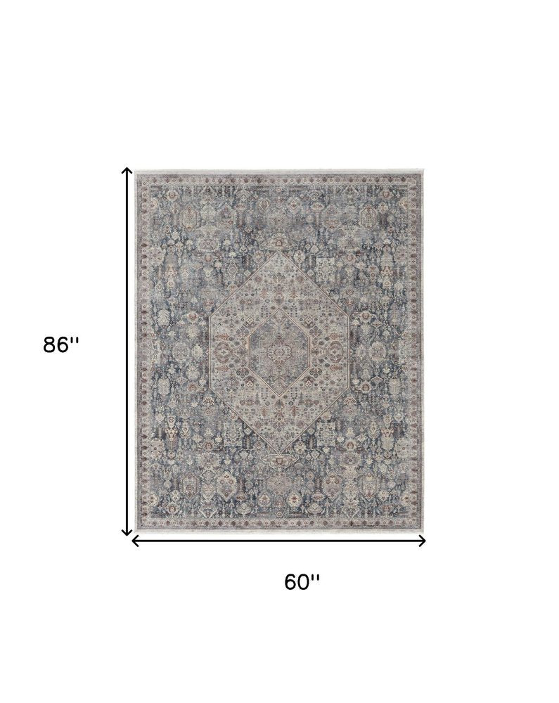 4' X 6' Blue and Ivory Floral Power Loom Area Rug