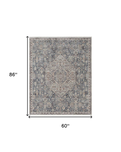5' X 7' Blue and Ivory Floral Power Loom Area Rug