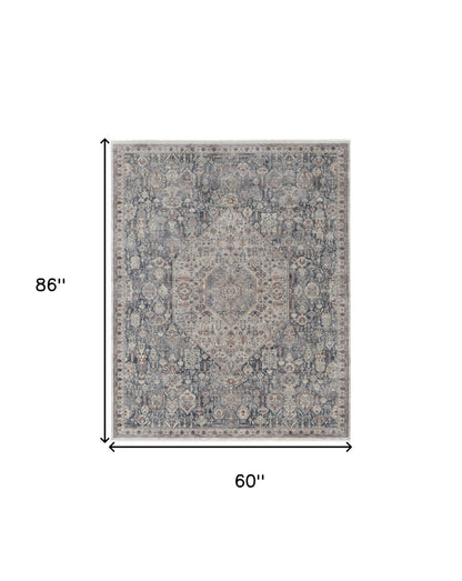 5' X 7' Blue And Ivory Floral Power Loom Stain Resistant Area Rug