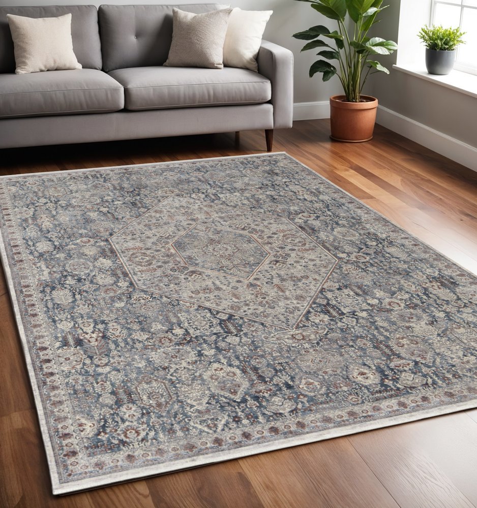10' Blue and Ivory Floral Power Loom Runner Rug With Fringe