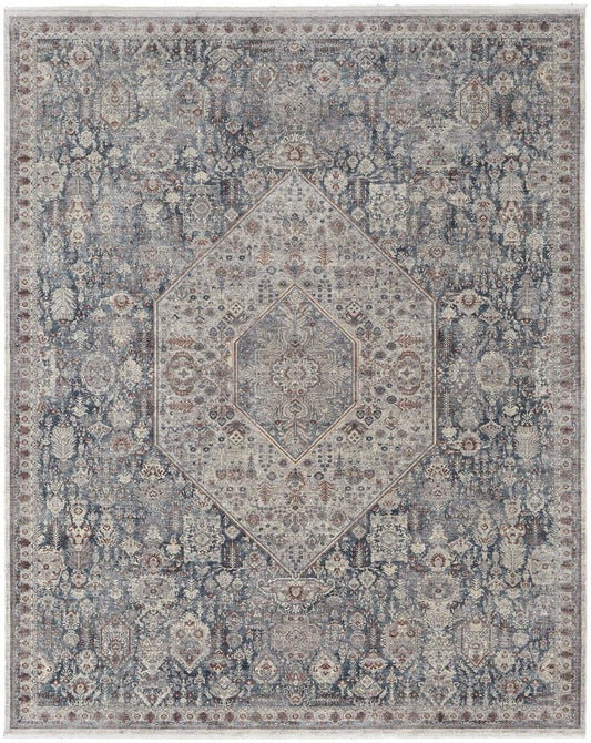 8' X 10' Blue And Ivory Floral Power Loom Stain Resistant Area Rug