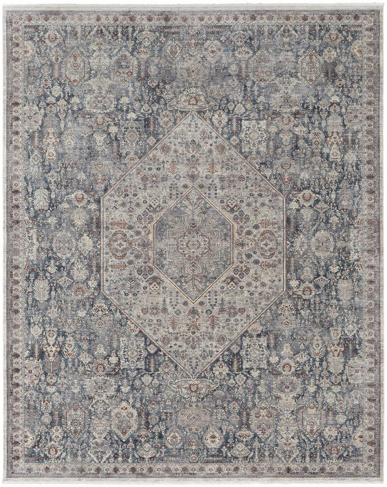 5' X 7' Blue and Ivory Floral Power Loom Area Rug