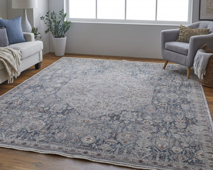 10' X 13' Blue And Ivory Floral Power Loom Stain Resistant Area Rug