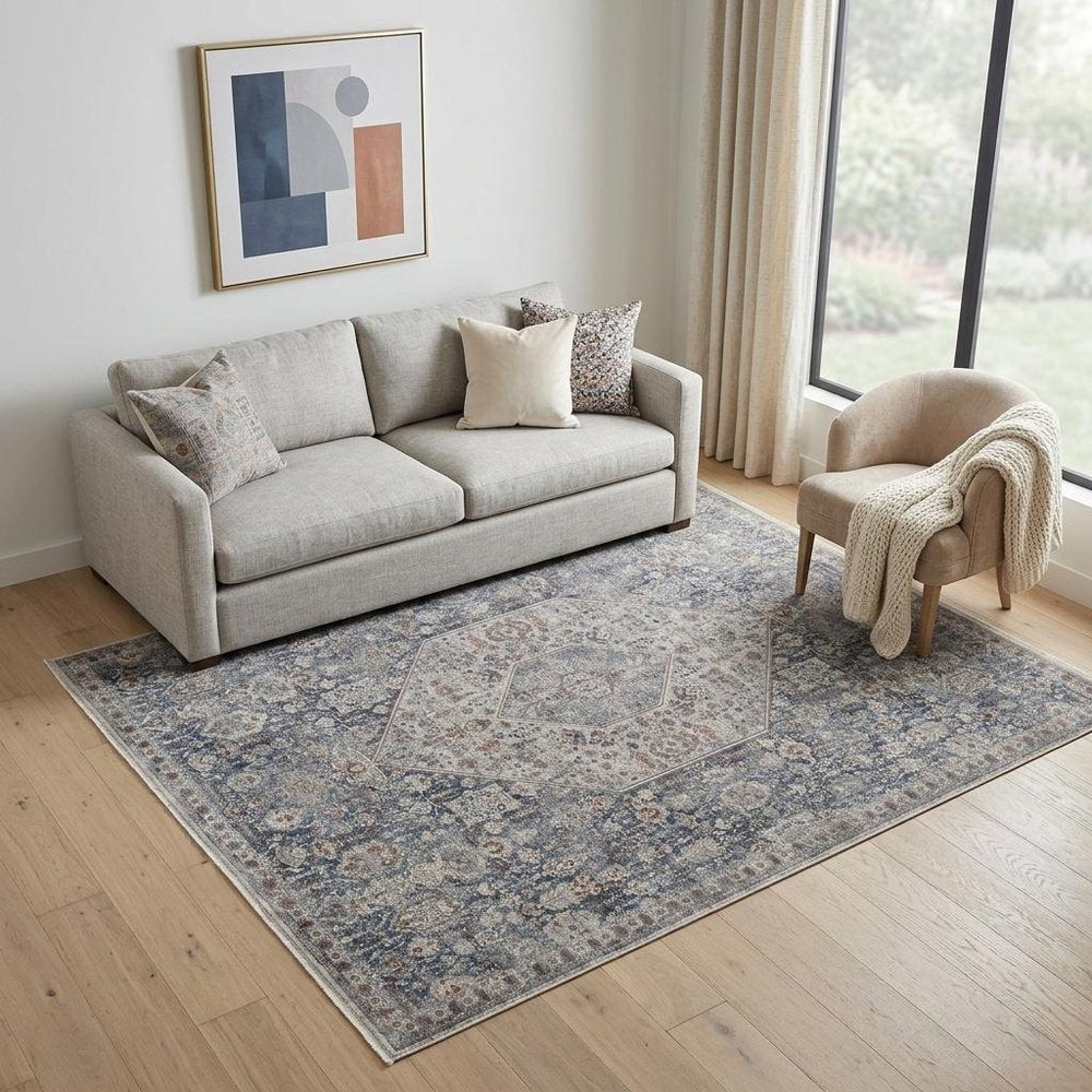 7' X 10' Blue And Ivory Floral Power Loom Stain Resistant Area Rug