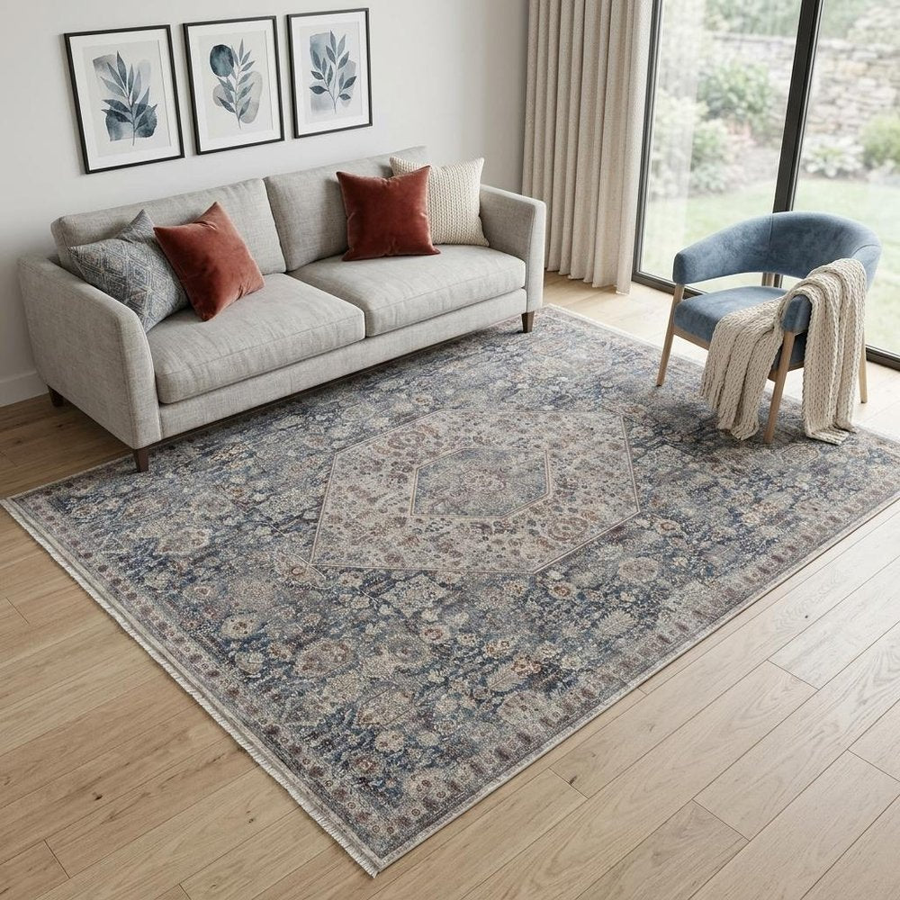 5' X 7' Blue and Ivory Floral Power Loom Area Rug