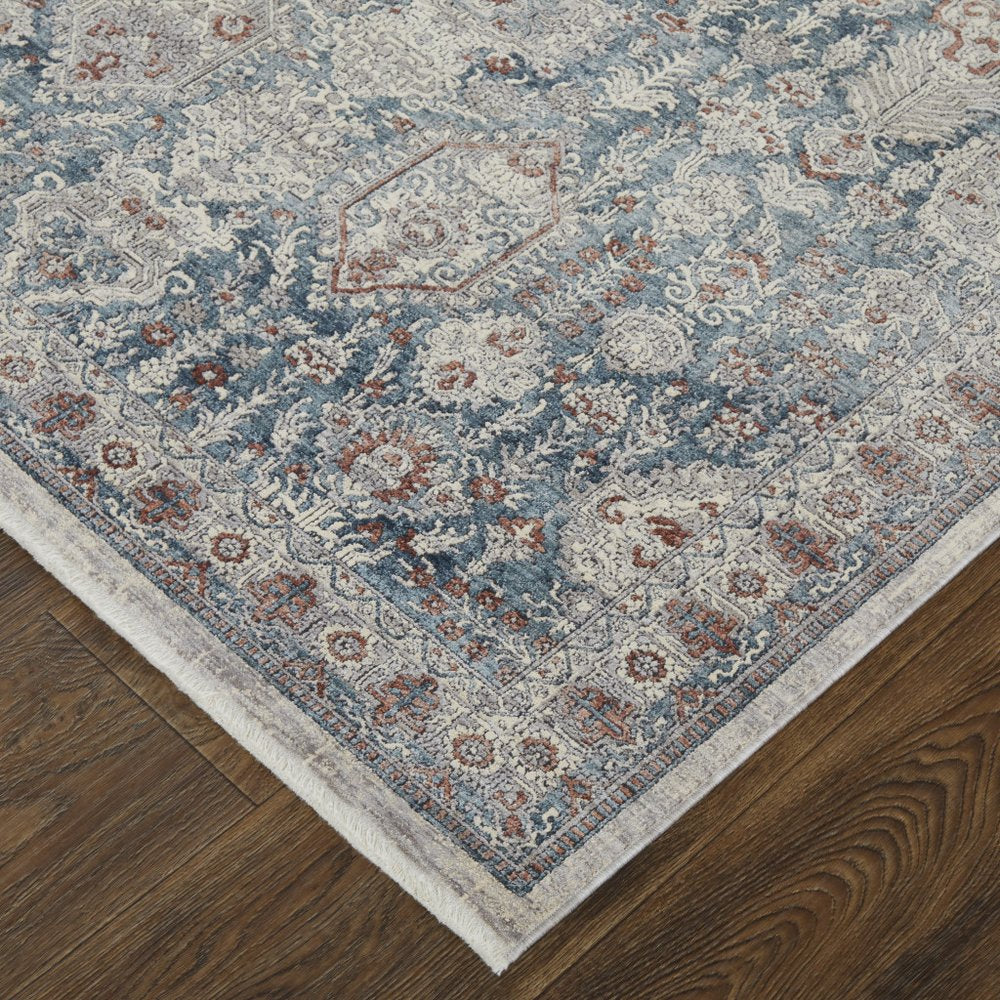 4' X 6' Blue and Ivory Floral Power Loom Area Rug