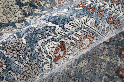 10' Blue and Ivory Floral Power Loom Runner Rug With Fringe