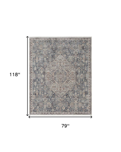 10' X 13' Blue And Ivory Floral Power Loom Stain Resistant Area Rug
