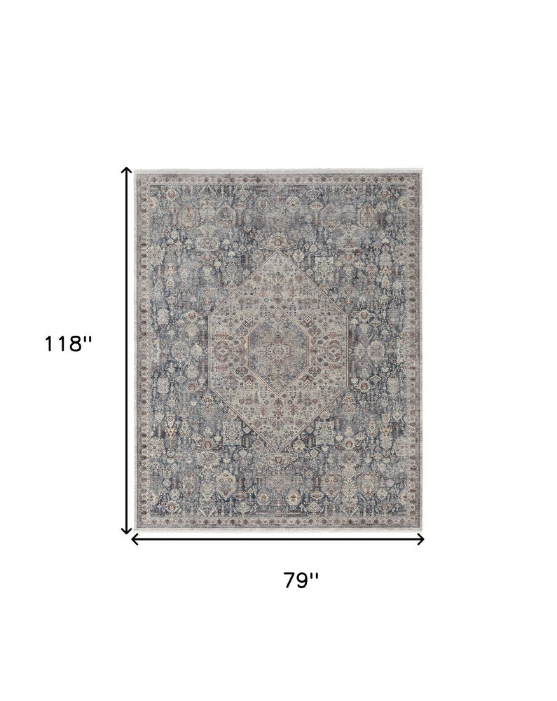 5' X 7' Blue and Ivory Floral Power Loom Area Rug