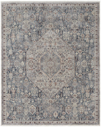 10' Blue and Ivory Floral Power Loom Runner Rug With Fringe