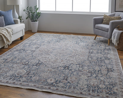 5' X 7' Blue And Ivory Floral Power Loom Stain Resistant Area Rug