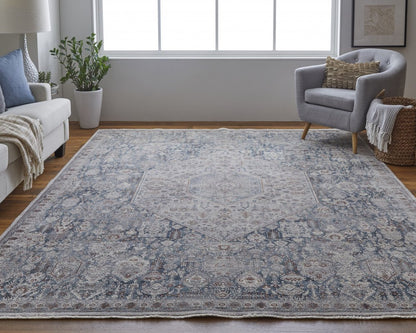 10' Blue and Ivory Floral Power Loom Runner Rug With Fringe