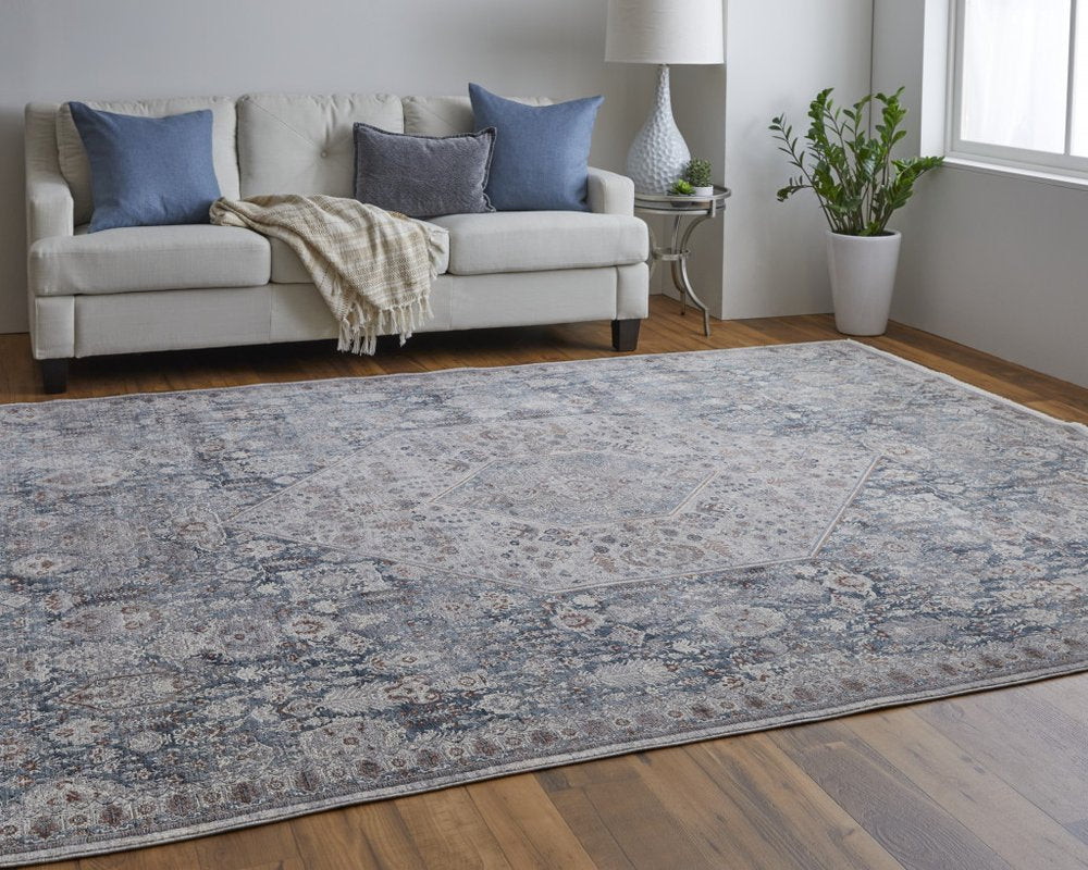 10' Blue and Ivory Floral Power Loom Runner Rug With Fringe