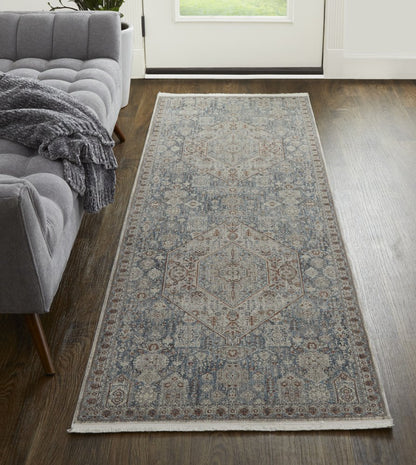10' X 13' Blue And Ivory Floral Power Loom Stain Resistant Area Rug