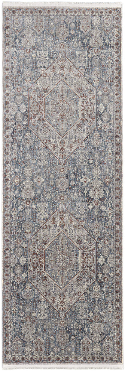 5' X 7' Blue And Ivory Floral Power Loom Stain Resistant Area Rug