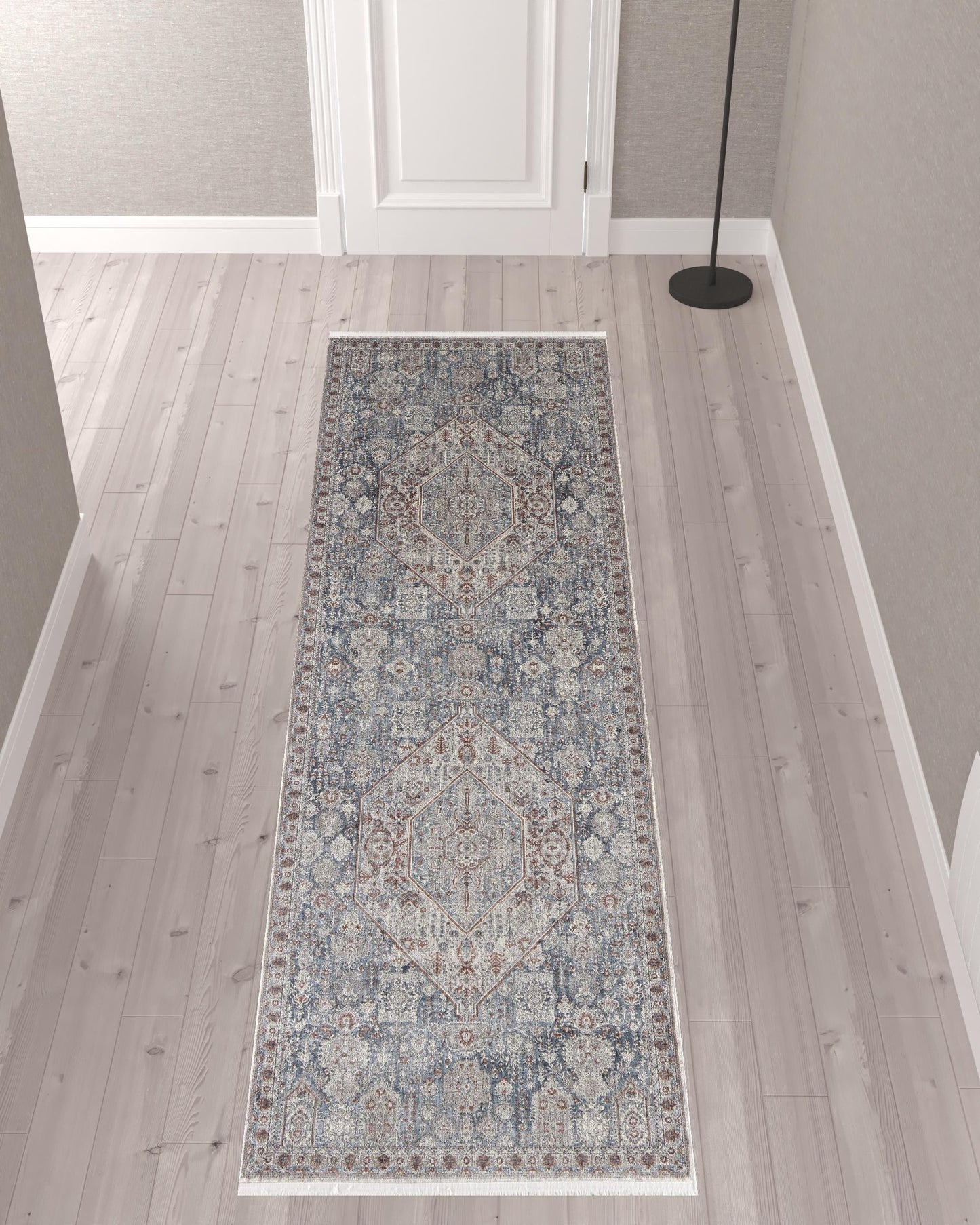 5' X 7' Blue And Ivory Floral Power Loom Stain Resistant Area Rug