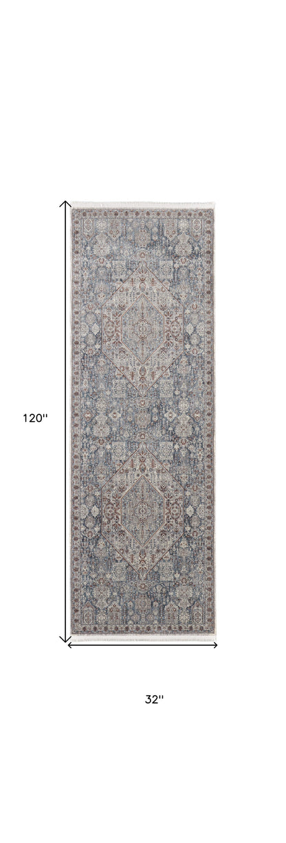 5' X 7' Blue And Ivory Floral Power Loom Stain Resistant Area Rug