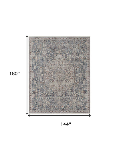 5' X 7' Blue And Ivory Floral Power Loom Stain Resistant Area Rug