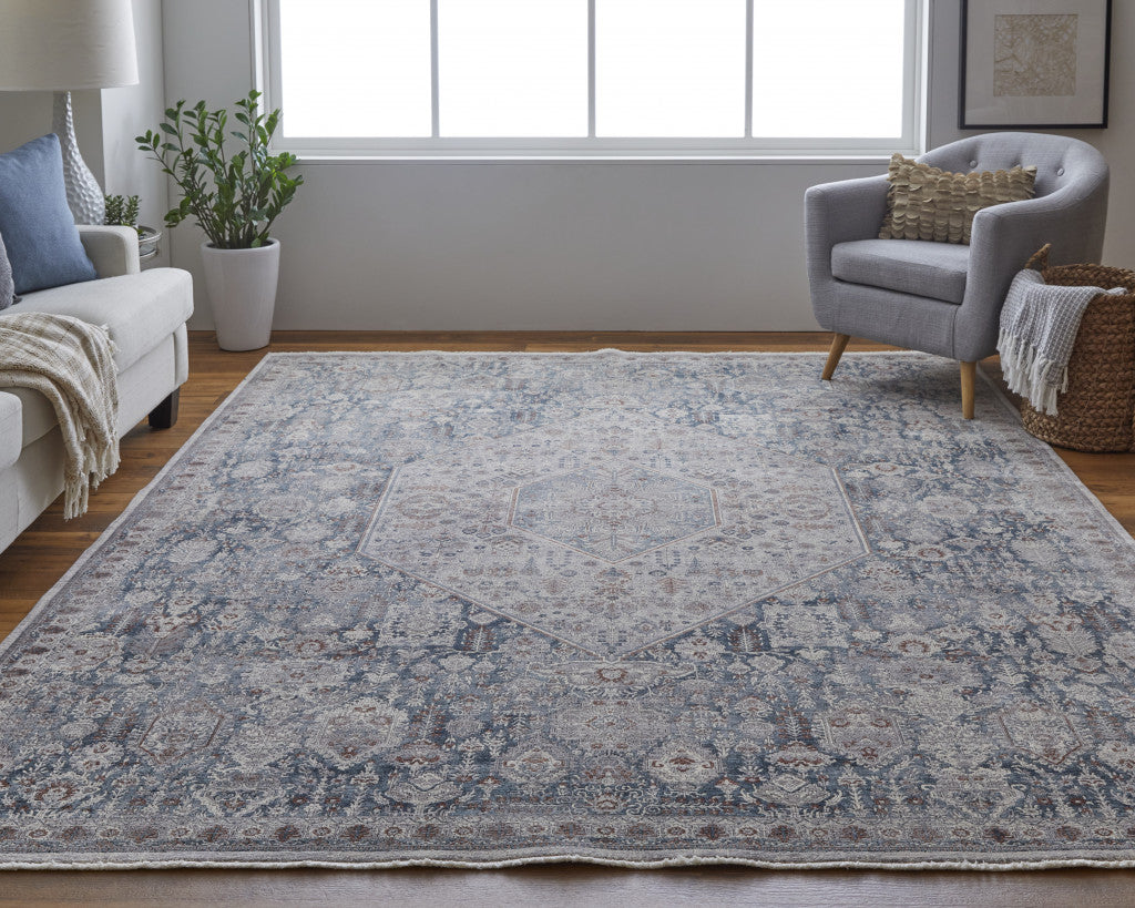 5' X 7' Blue And Ivory Floral Power Loom Stain Resistant Area Rug