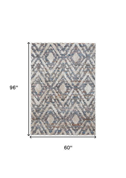 5' X 8' Ivory Gray And Taupe Geometric Power Loom Stain Resistant Area Rug